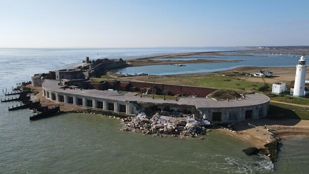 Aerial view of Hurst Castle, 2021. Photo courtesy of ExploringWithin on YouTube.