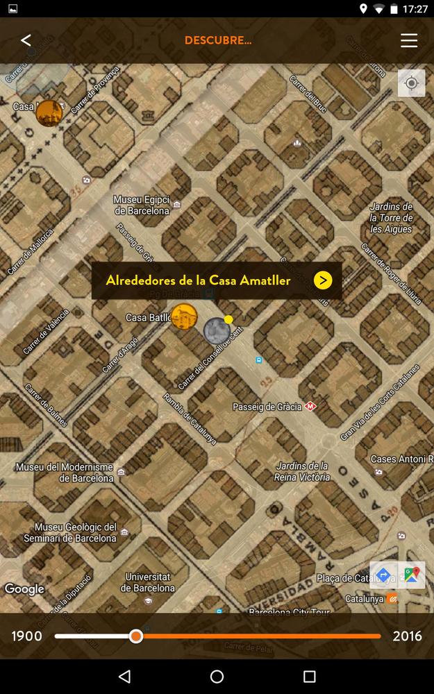 A screenshot of the app, showing Modernista buildings in the vicinity of Casa Amatller and Casa Batlló. 
