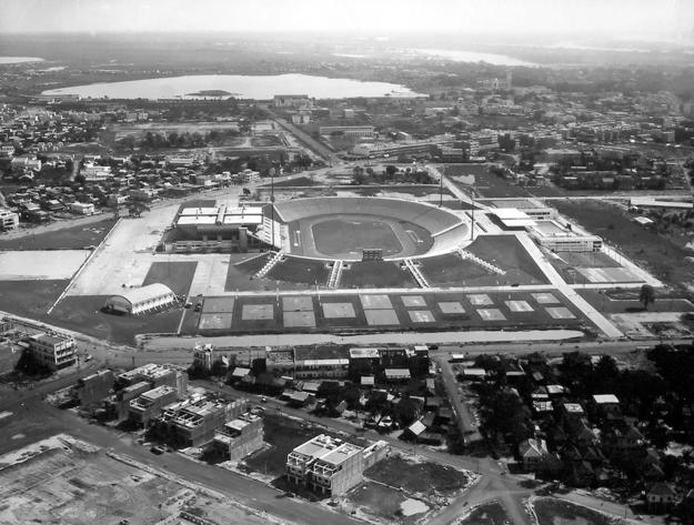 A historic aerial view of the National Sports Complex from the south, ca. 1964