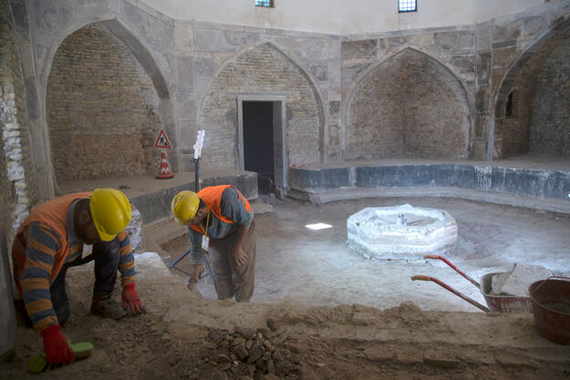 Hammam entrance hall excavations during conservation, 2019