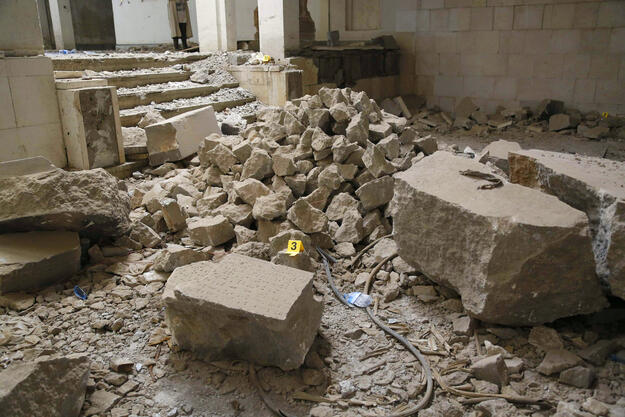The Assyrian Hall covered in rubble, April 2019. 