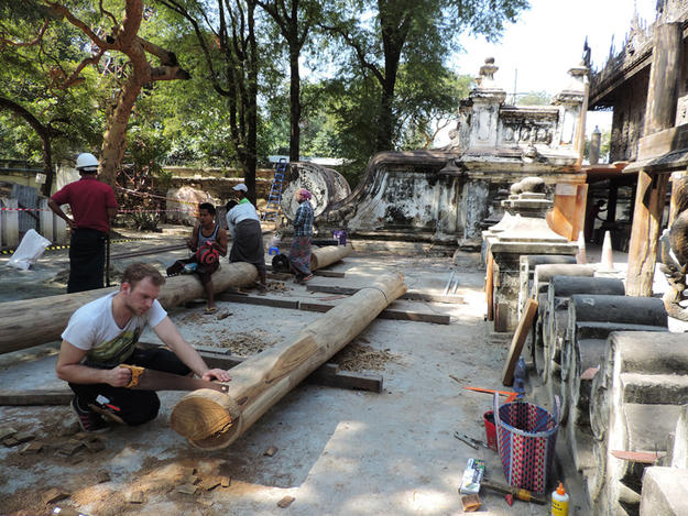 Team members at work on the columns, 2017