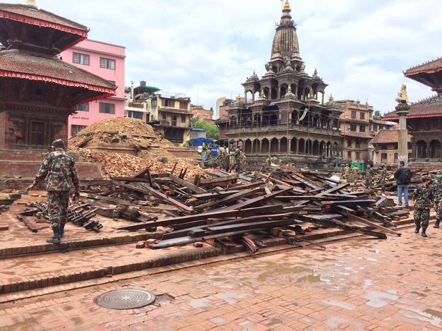 Salvaging materials of Char Narayan Temple after it was destroyed by the earthquake, 2015