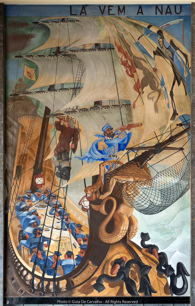 Nau Catrineta wall painting by Almada Negreiros (620cm x 350cm) at the marine station of Alcântara.