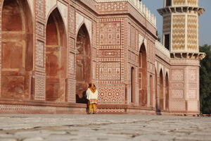 Sikri red sandstone with white marble inlay of the western facade of the tomb, 2021.