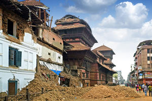 The Royal Palace in the Kathmandu Durbar Square, with the collapsed upper stories of the eighteenth-century Basantapur Towe, 2015