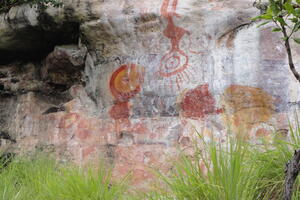Main panel of rock paintings from the Serra da Lua site at Monte Alegre State Park, 2012.