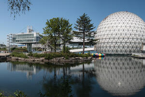 The Ontario Place Cinesphere, Pods, and Lagoon seen from the southwest, 2013.
