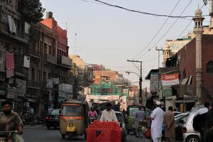 A busy street in the Anarkali Bazaar, 2017.