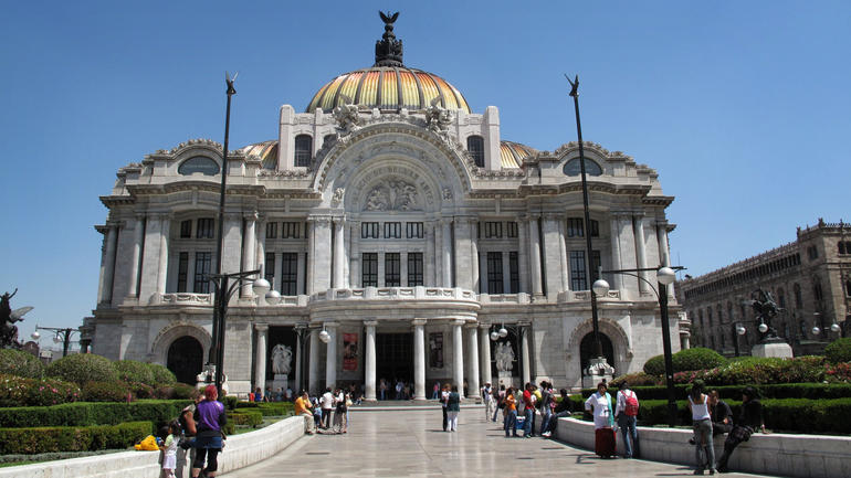 Exterior of the Palace of Fine Arts in Mexico City, after conservation.