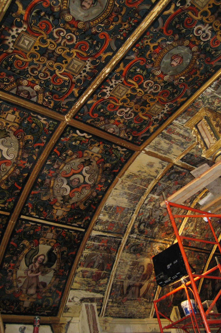 The astonishing coffered ceiling of the Apostle Santiago Church in Nurio, during conservation.