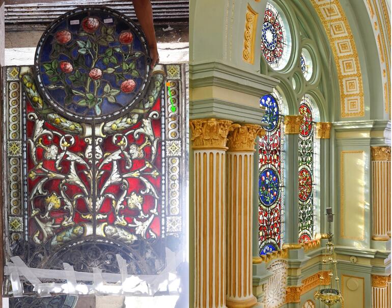 Stained glass before and after restoration