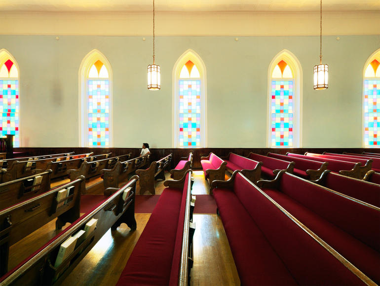 The interior pews of Dexter Avenue King Memorial Baptist Church. Photo by William Abranowicz.