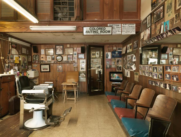 Malden Brothers Barbershop, the only business still operating in the Ben Moore Hotel. Photo by William Abranowicz.