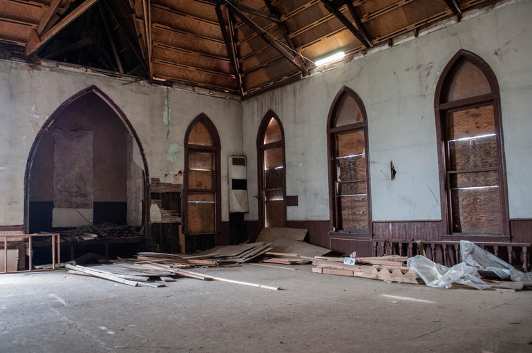 Today's neglected interiors of Mt. Zion AME Zion Church in Montgomery, Alabama. Photo by Billy Brown.
