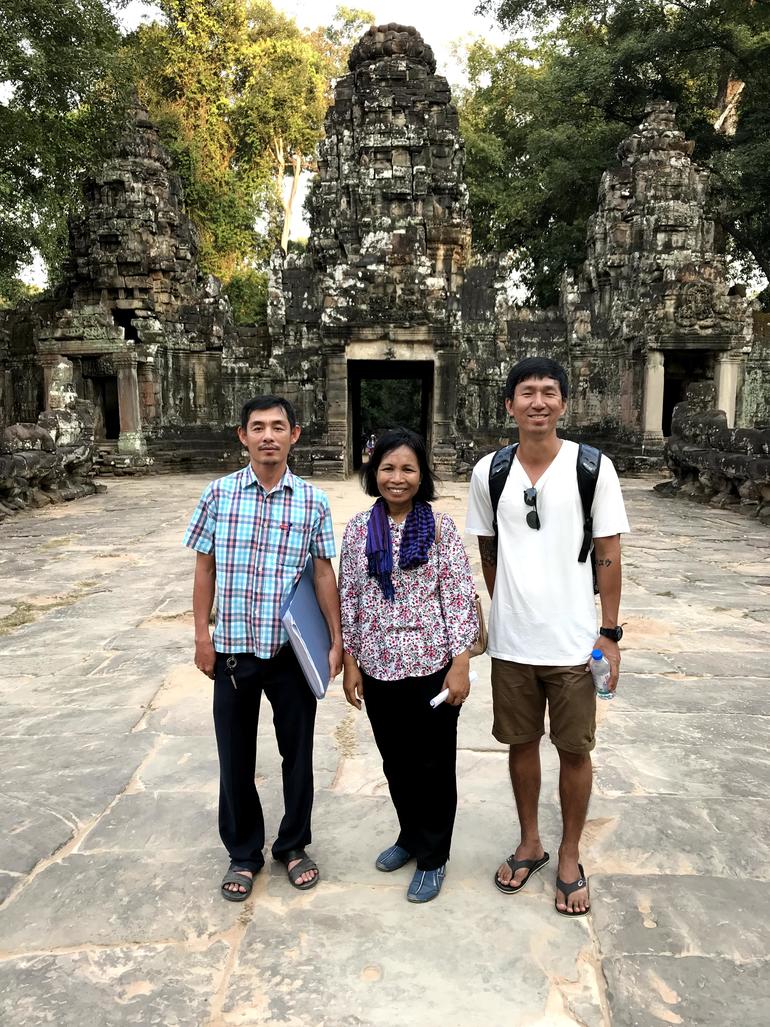 (L to R) Bunwat Hun, Phally Cheam, and Phirum Chiv, in front of Preah Khan, January 2018.
