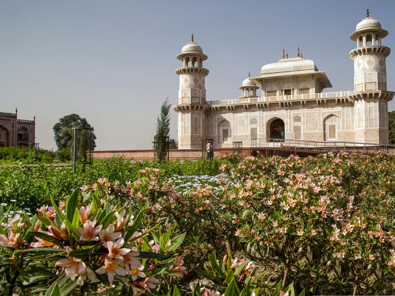 Itimad-ud-Daulah and its garden with newly-planted dwarf Nerium oleander in bloom.