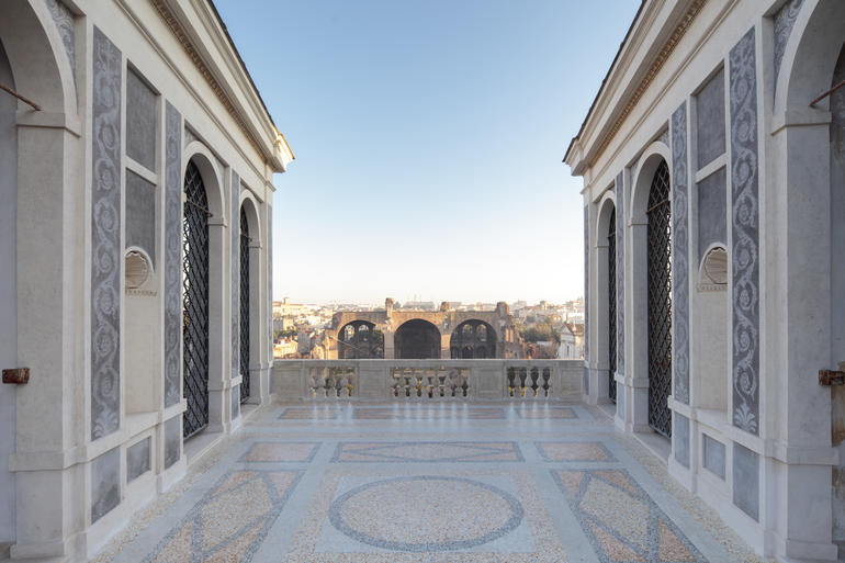 A view of Rome from the restored Farnese Aviaries. 