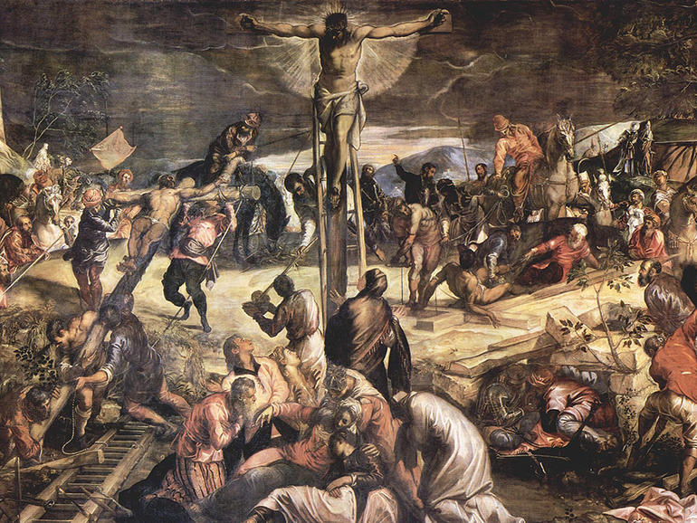 Detail of Tintoretto's Crucifixion during conservation, 1972