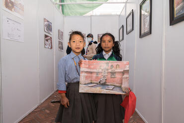 Children at the hitis photo exhibition in the Kathmandu Valley, Nepal.